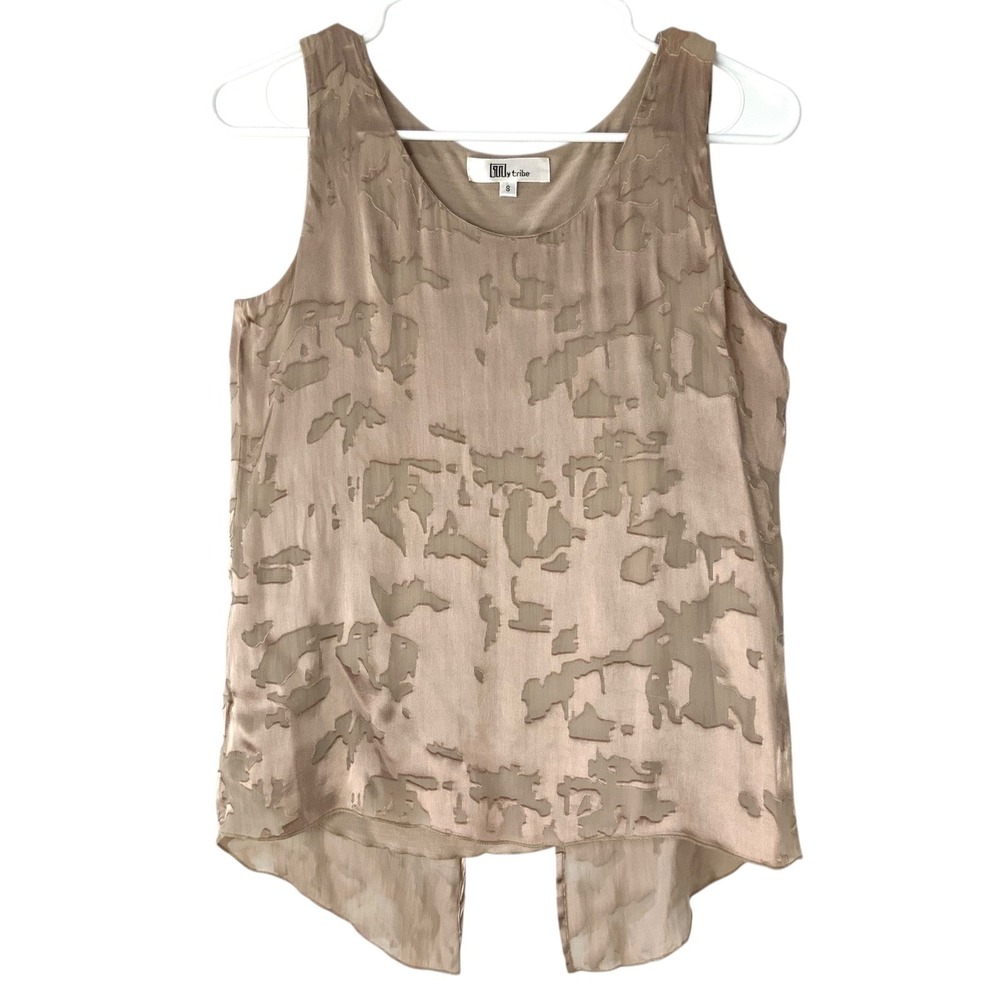 My Tribe Burnout Devore Tank Top Women S Silk Blend Split Back Taupe Minimalist